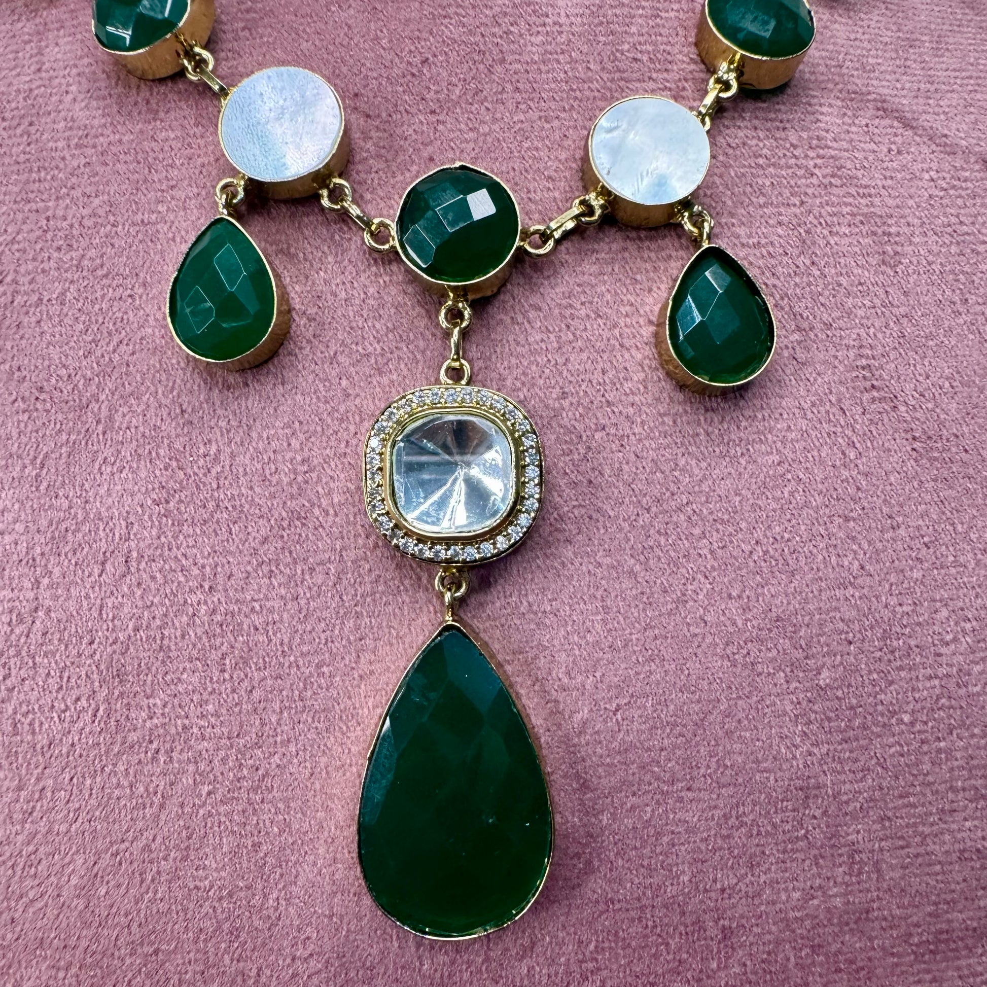 Emerald Green Stone & Kundan Necklace & Earrings Set