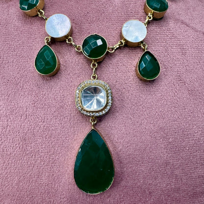 Emerald Green Stone & Kundan Necklace & Earrings Set