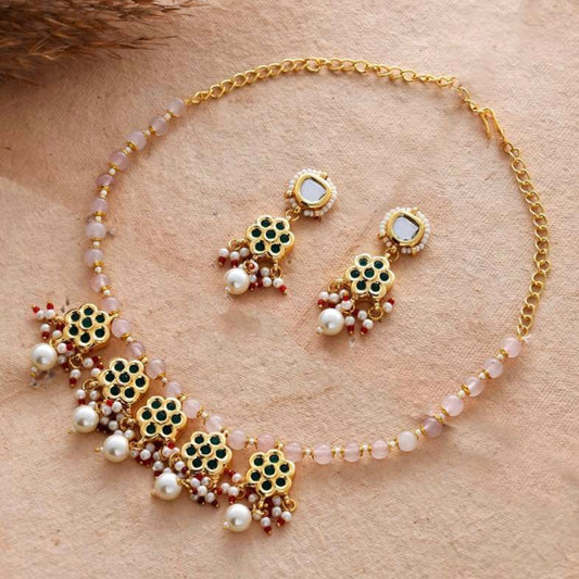 Floral Charm Kundan Necklace & Earrings Set
