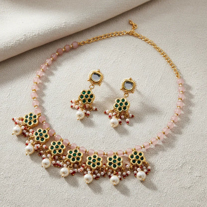 Floral Charm Beaded Kundan Necklace & Earrings Set