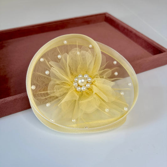 Pastel Yellow Bloom Twisted Fascinator Hat with Pearls