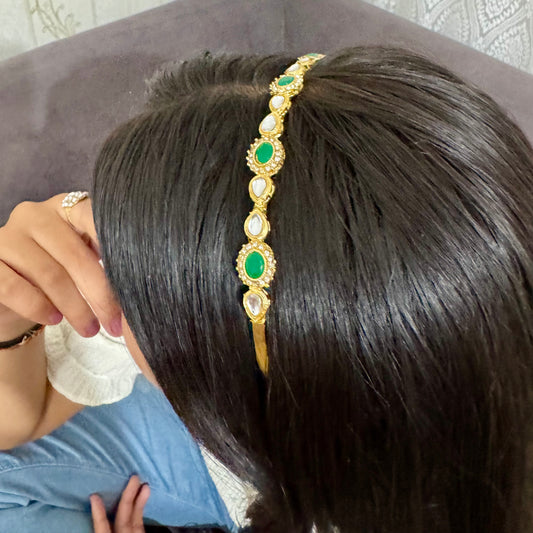 Green Kundan Hairband | Traditional Bridal Hair Accessory for Festive Looks