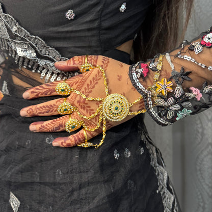 Gulbahar Hathphools – Golden Green Kundan Hand Jewelry for Bridal & Festive Wear