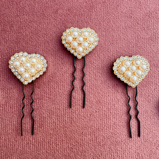 Pearl Cluster Heart Hair Pin Set