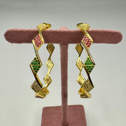 Gold-Plated Geometric Bangle with Red & Green Stones – Festive Jewelry