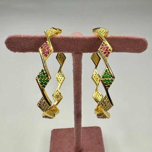 Gold-Plated Geometric Bangle with Red & Green Stones – Festive Jewelry
