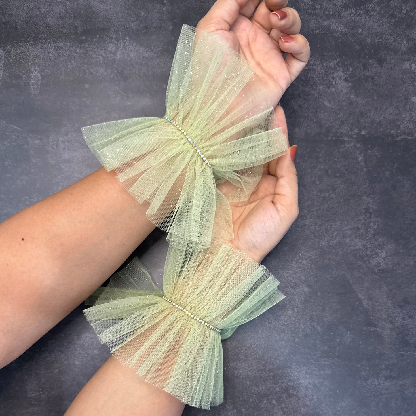 Pastel Green Ruffle Bracelet Cuff Gloves with Rhinestone Detailing