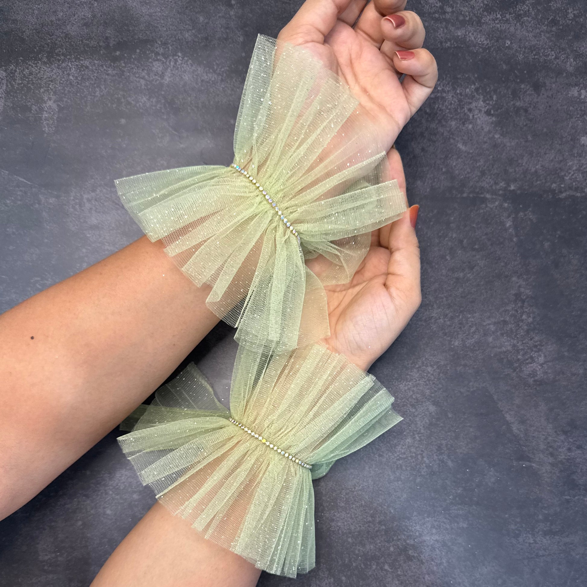Pastel Green Ruffle Bracelet Cuff Gloves with Rhinestone Detailing