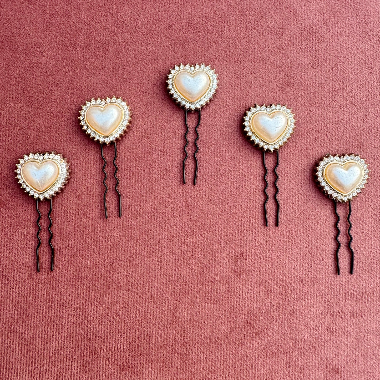 Crystal-Edged Pearl Heart Hair Pin Set