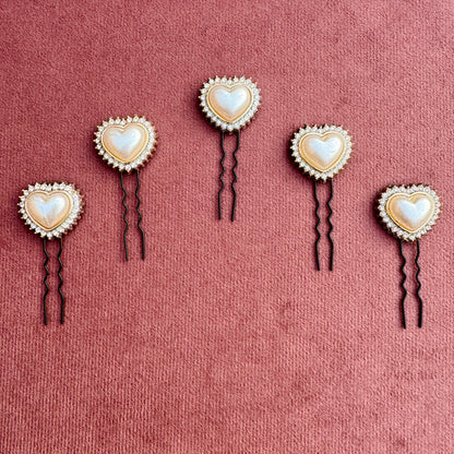 Crystal-Edged Pearl Heart Hair Pin Set