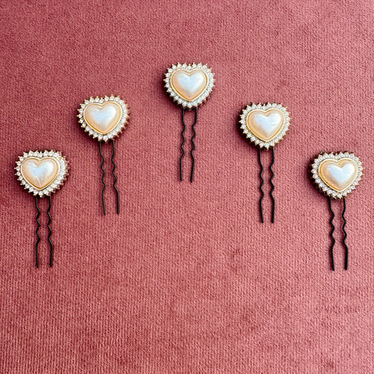 Crystal-Edged Pearl Heart Hair Pin Set