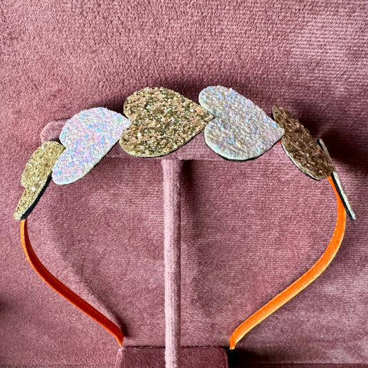 Glitter Heart Parade Orange Headband – Silver & Gold Hearts