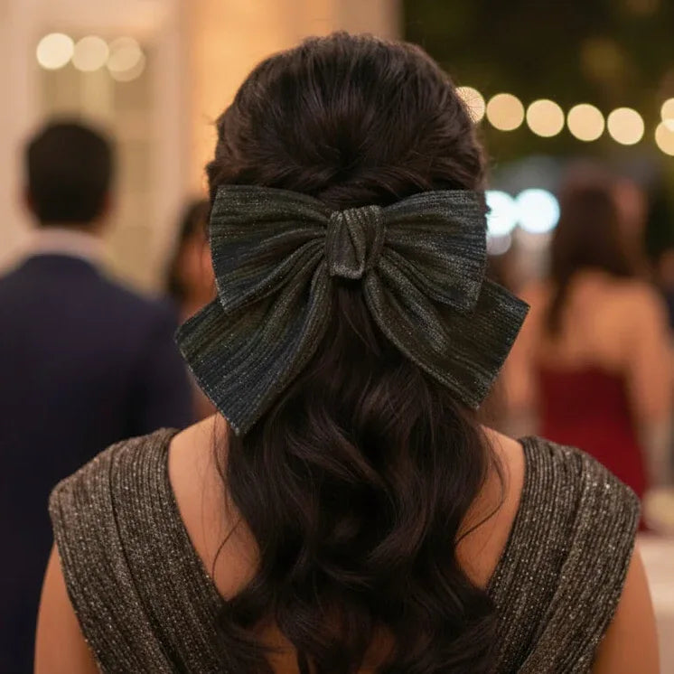 Starry Night Glamour Metallic Black Bow Hair Clip