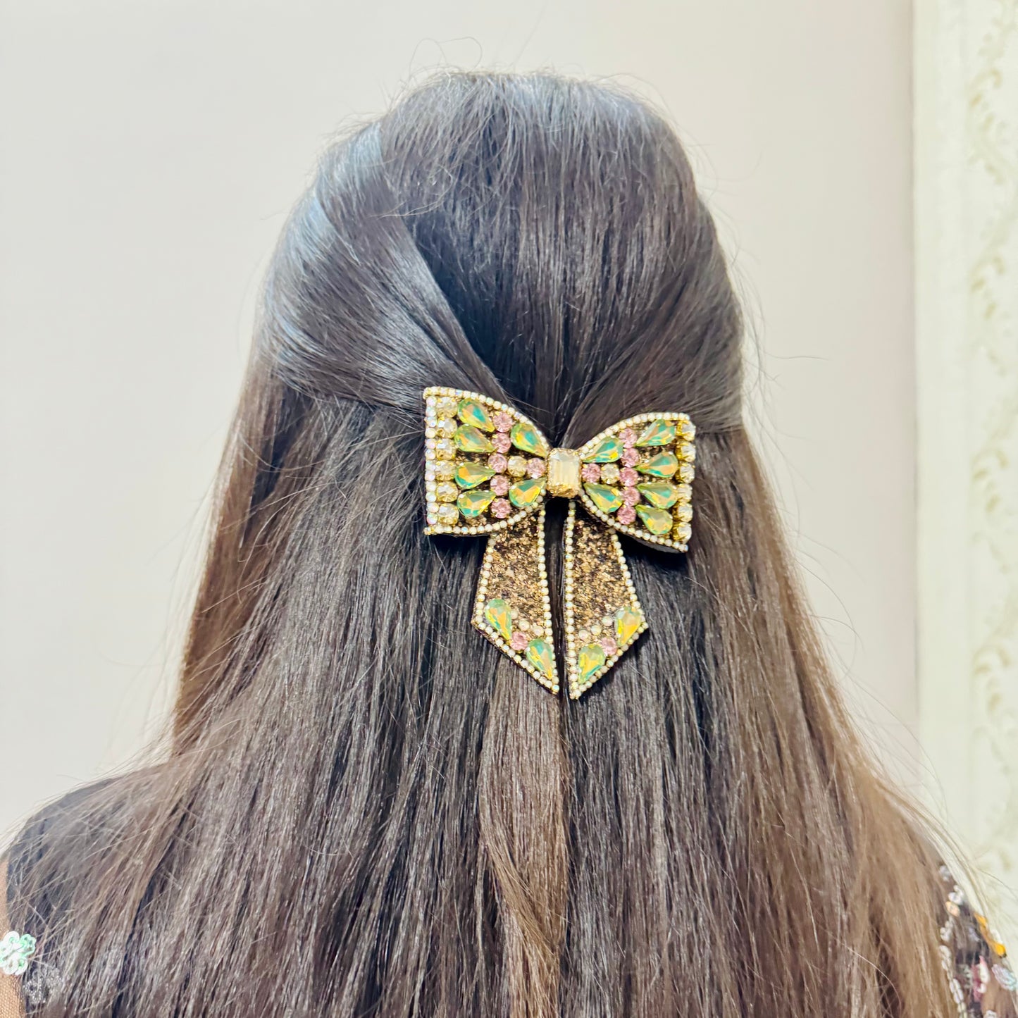 Bejewelled Green, Pink, Golden Luxe Bow Hair Clip