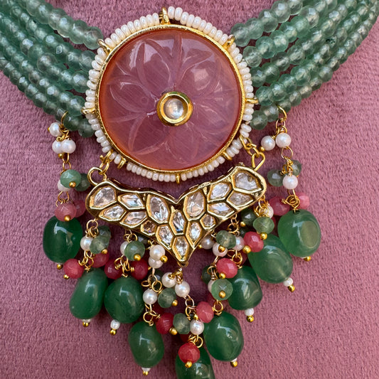 Green Beaded Gold-Plated Kundan Choker Necklace Set with Pink Centerpiece