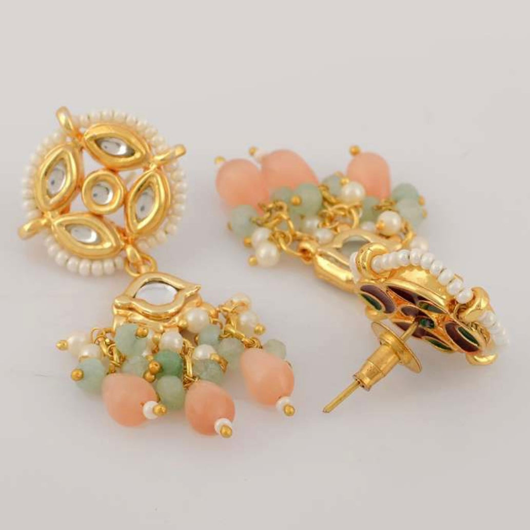 Peach & Green Beaded Gold-Plated Kundan Choker Necklace Set