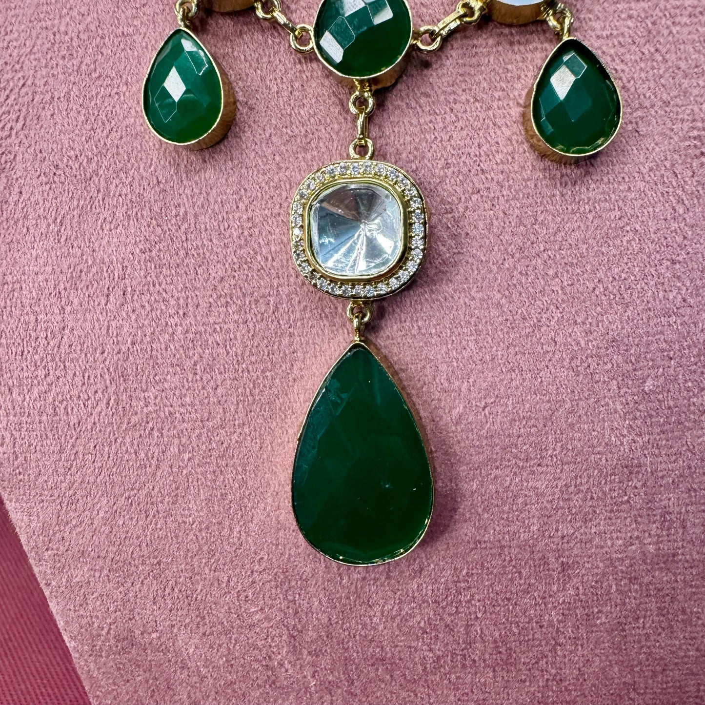 Emerald Green Stone & Kundan Necklace & Earrings Set