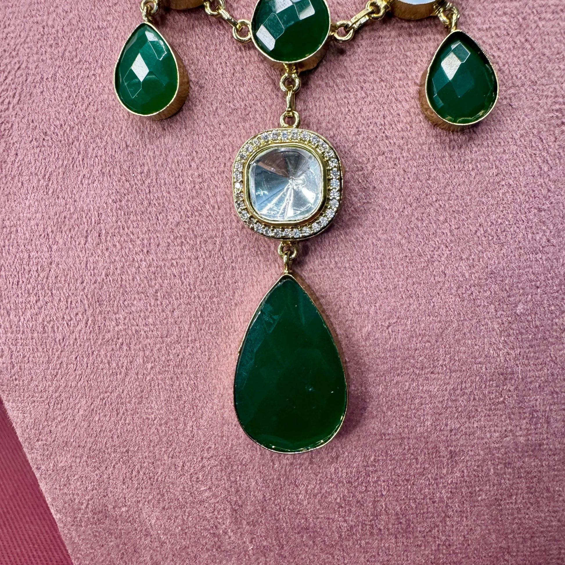 Emerald Green Stone & Kundan Necklace & Earrings Set