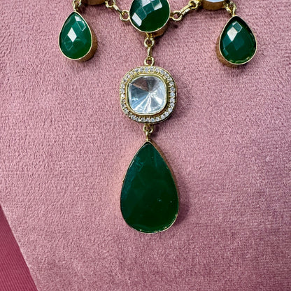 Emerald Green Stone & Kundan Necklace & Earrings Set