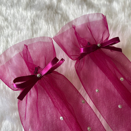 Wine Purple Princess Net Gloves with Ribbon Bow