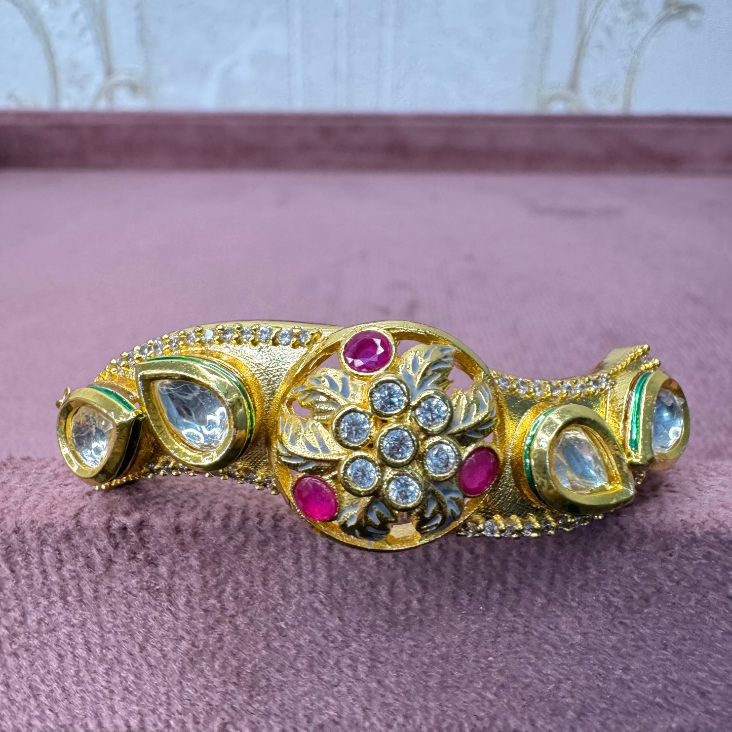 Gold-Plated Kundan Adjustable Bracelet with Ruby & White Stones