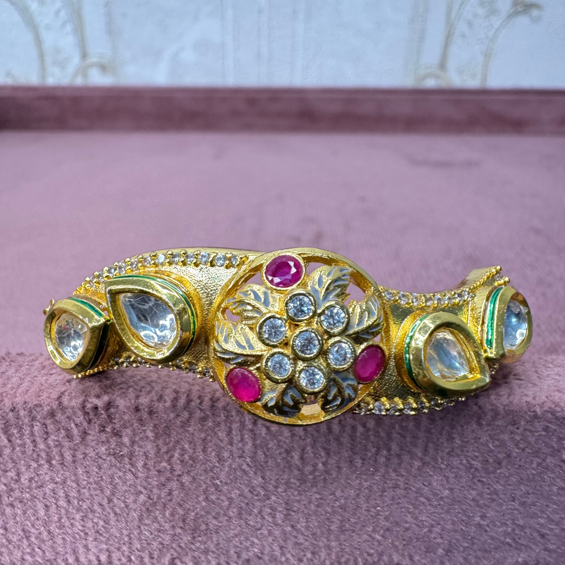 Gold-Plated Kundan Adjustable Bracelet with Ruby & White Stones