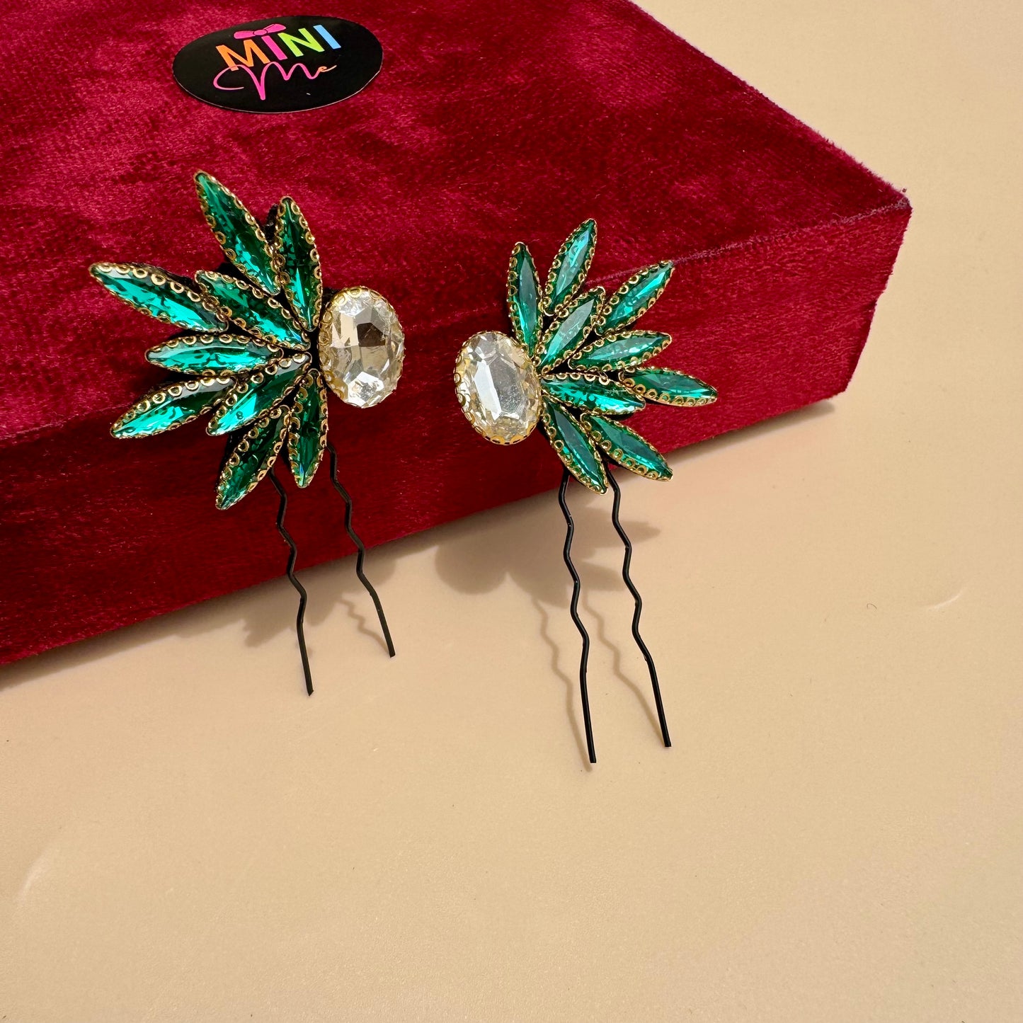 Emerald Green Winged Hair Pin Set (Mirror Pair - 2 Pins)
