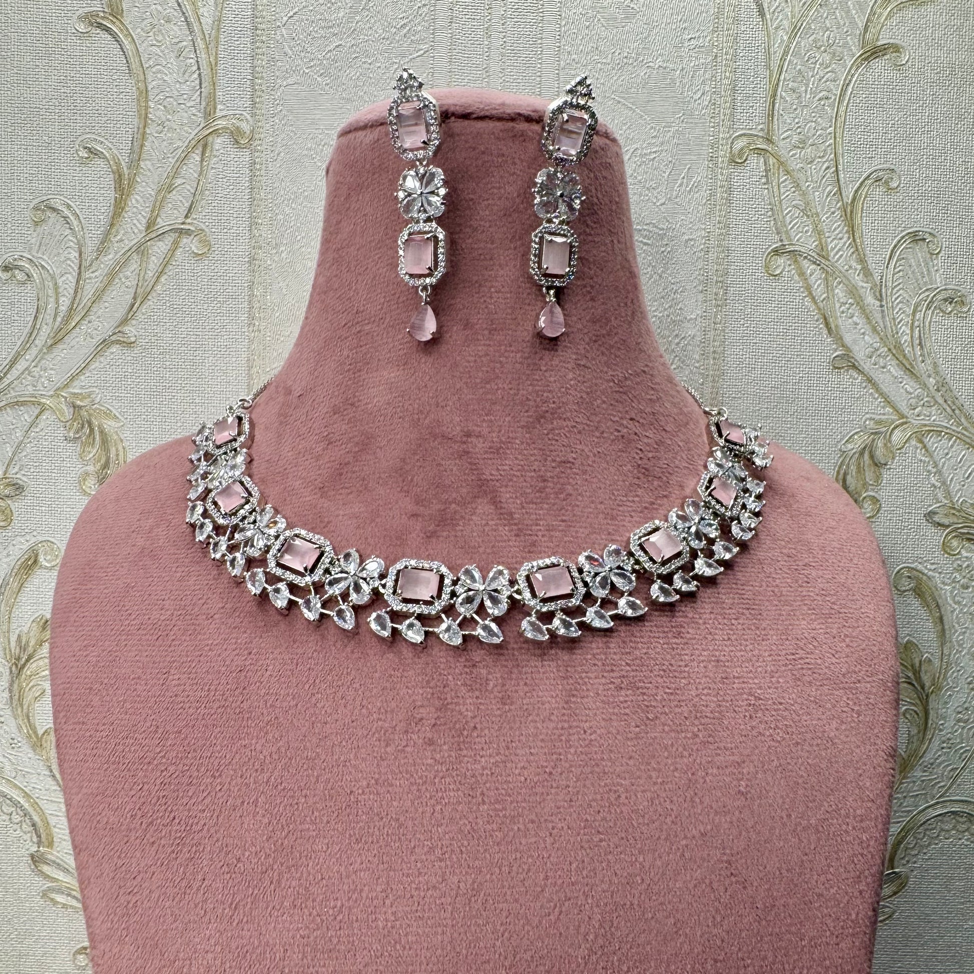 Blush Radiance Rhodium-Plated American Diamond Jewelry Set