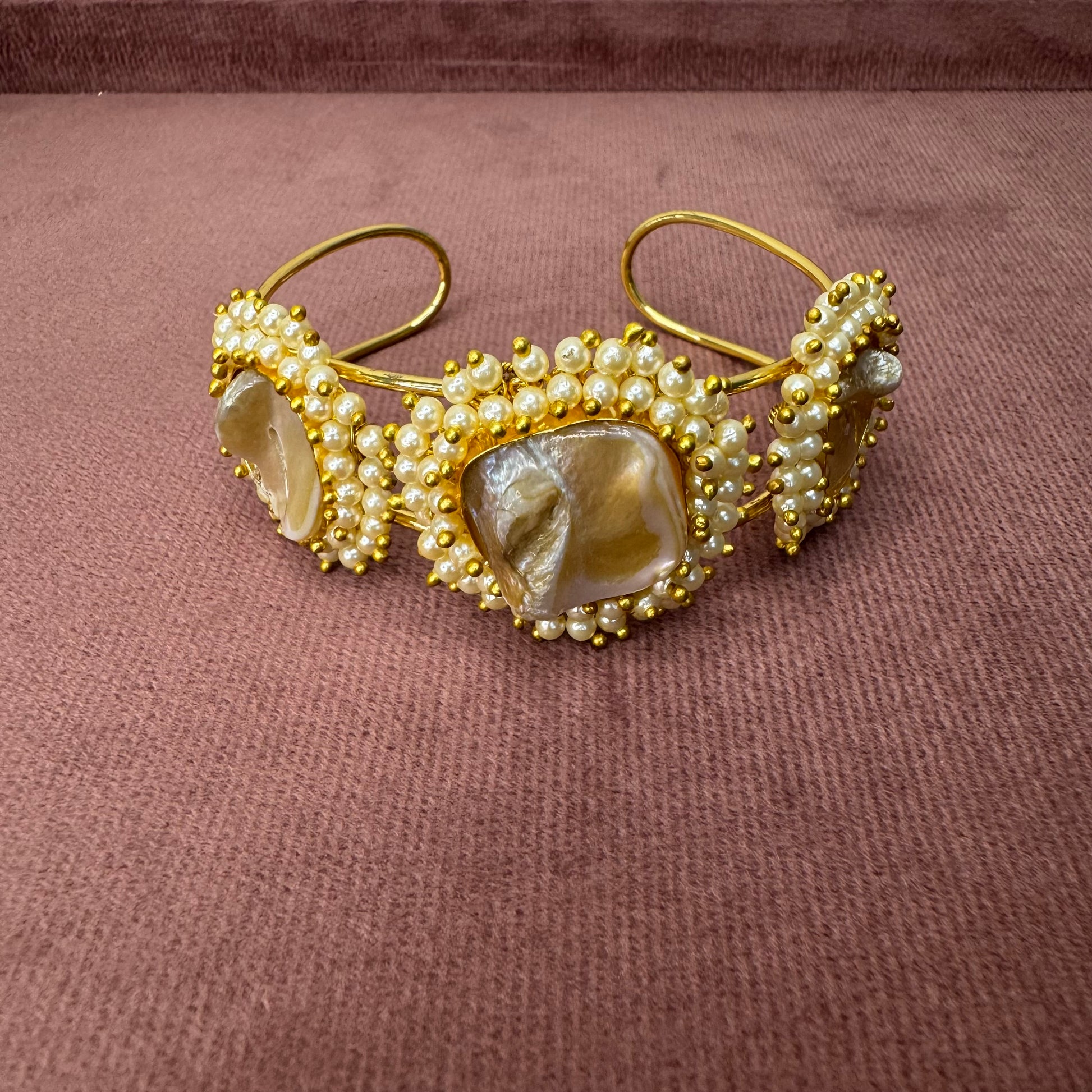 Gold-Plated Kada Bracelet with Pearls & Natural Stone – Luxe Statement Jewelry