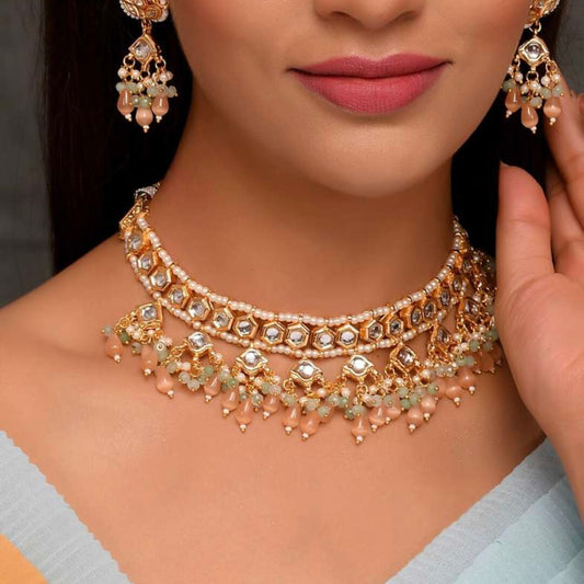 Peach & Green Beaded Gold-Plated Kundan Choker Necklace Set