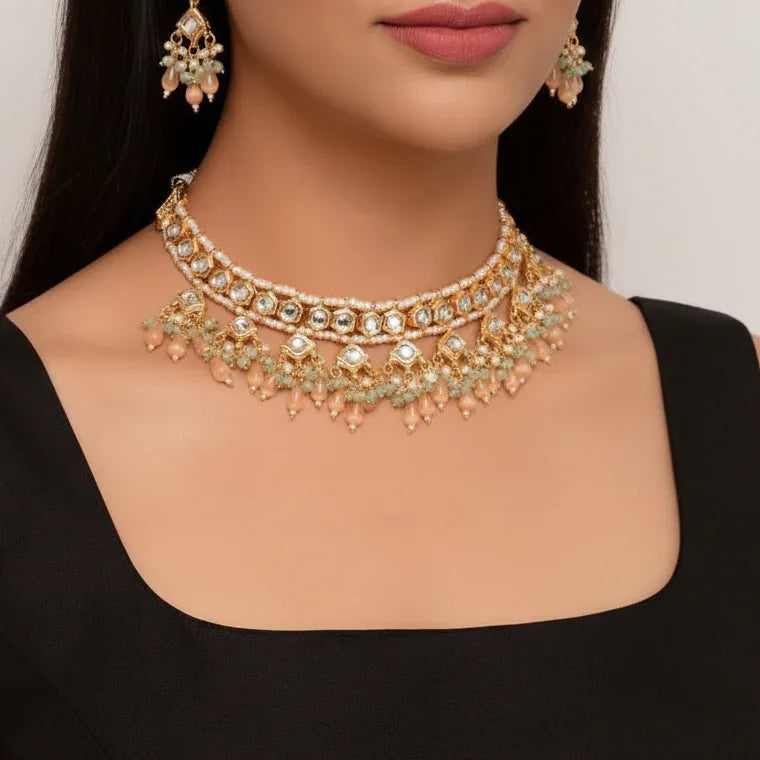 Peach & Green Beaded Kundan Choker Necklace Set