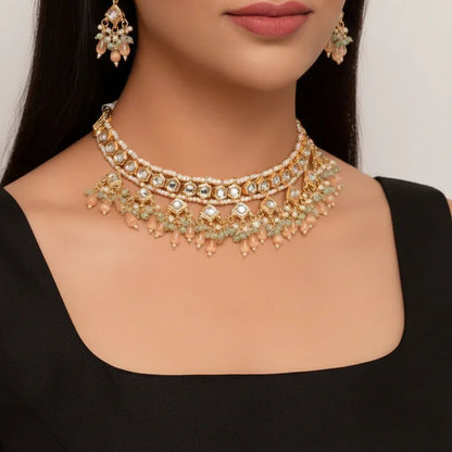 Peach & Green Beaded Kundan Choker Necklace Set