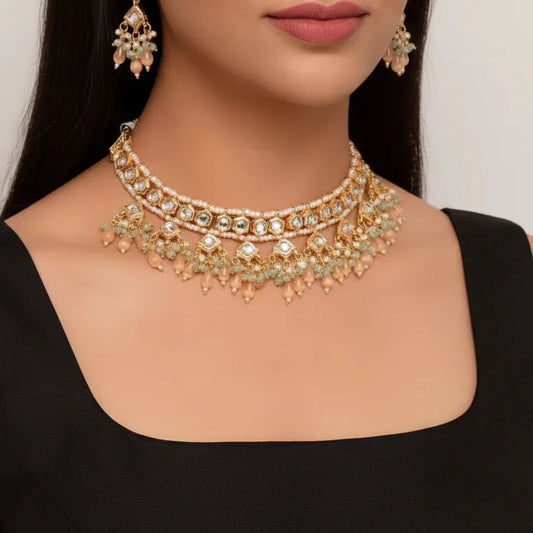 Peach & Green Beaded Kundan Choker Necklace Set