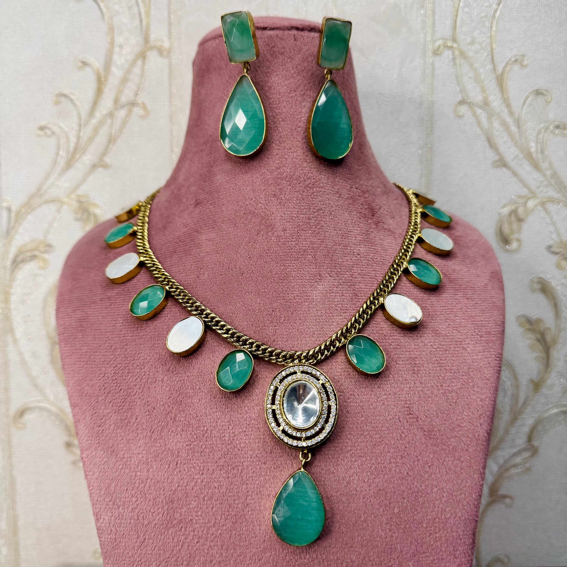 Green Stone Necklace & Earrings Set – Bridal & Festive Jewelry