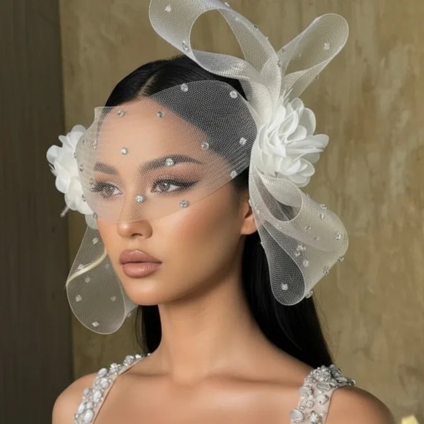 Crystal White Veil Statement Headpiece