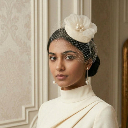 Aurielle Ivory Disc Fascinator with Pearl Flower & Birdcage Veil