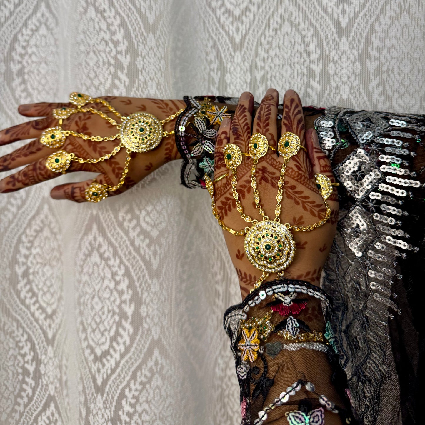 Gulbahar Hathphools – Golden Green Kundan Hand Jewelry for Bridal & Festive Wear