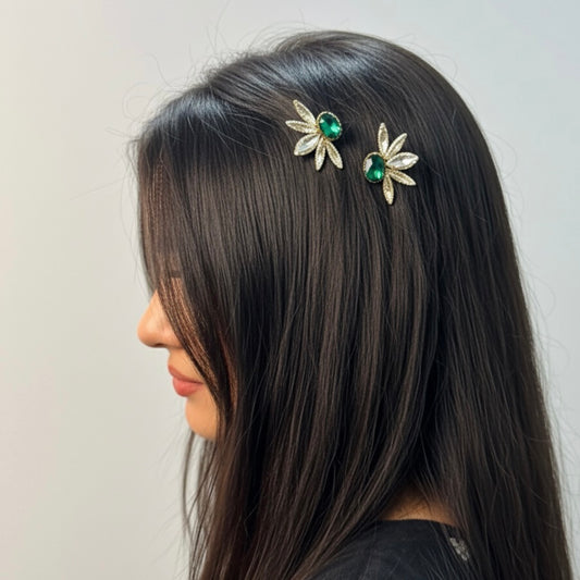 Emerald Green Winged Hair Pin Set (Mirror Pair - 2 Pins)