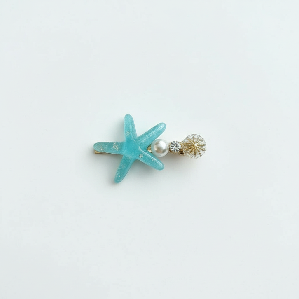 Resin Starfish Pearl Charm Hair Clip – Aqua Blue