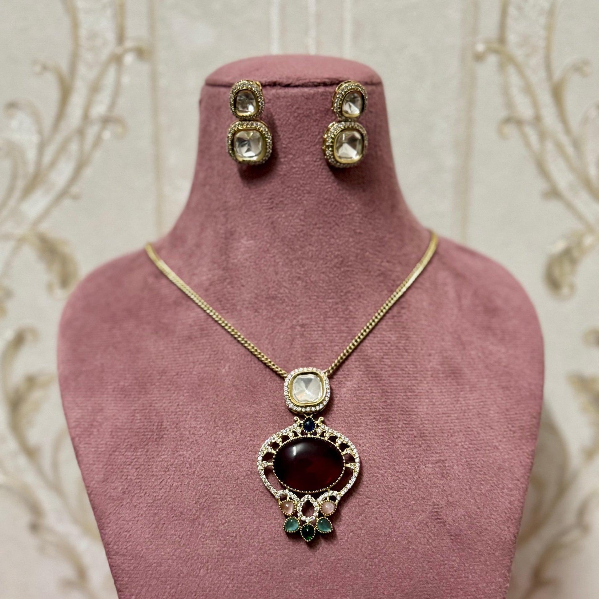 Regal Ruby & Kundan Pendant Necklace & Earrings Set
