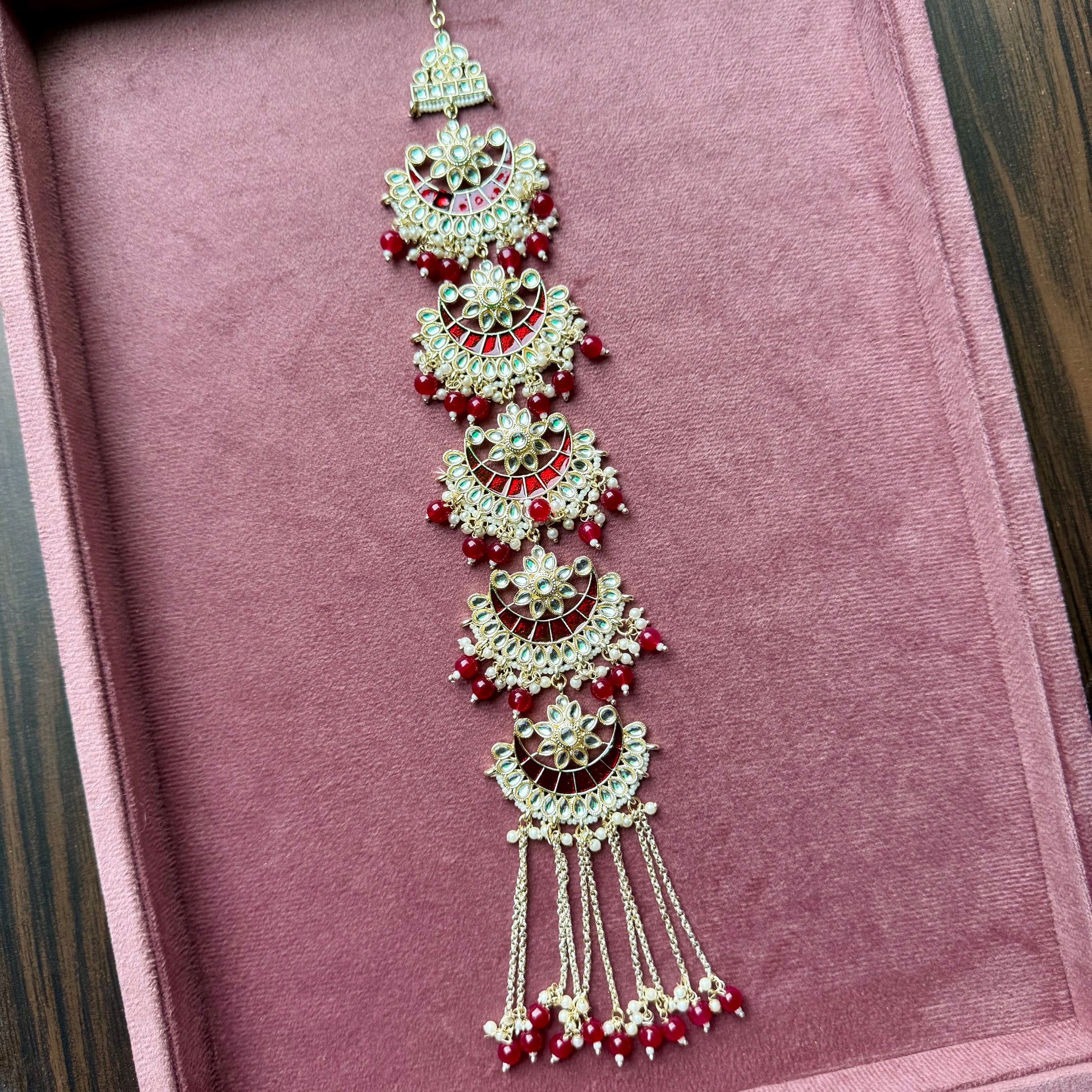 Red Beaded Layered Kundan Hair Chain – Wedding Ethnic Accessory