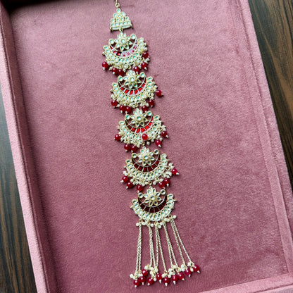 Red Beaded Layered Kundan Hair Chain – Wedding Ethnic Accessory