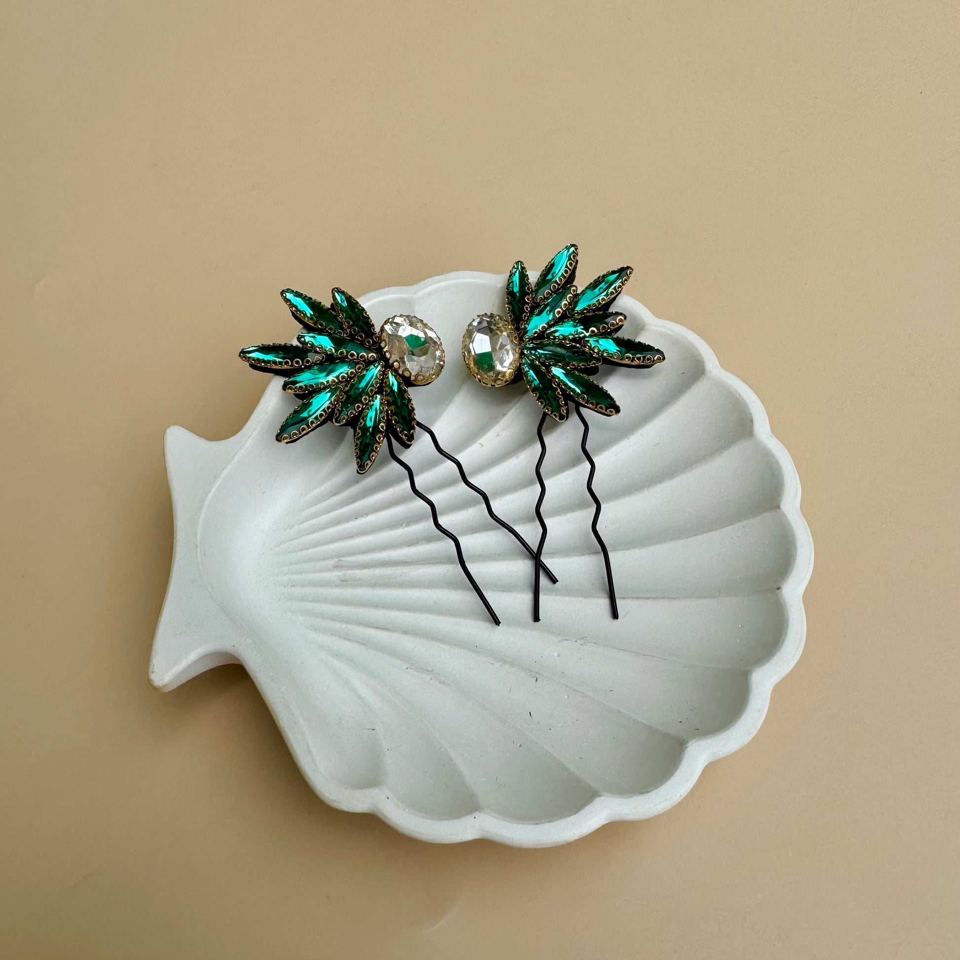 Emerald Green Winged Hair Pin Set (Mirror Pair - 2 Pins)