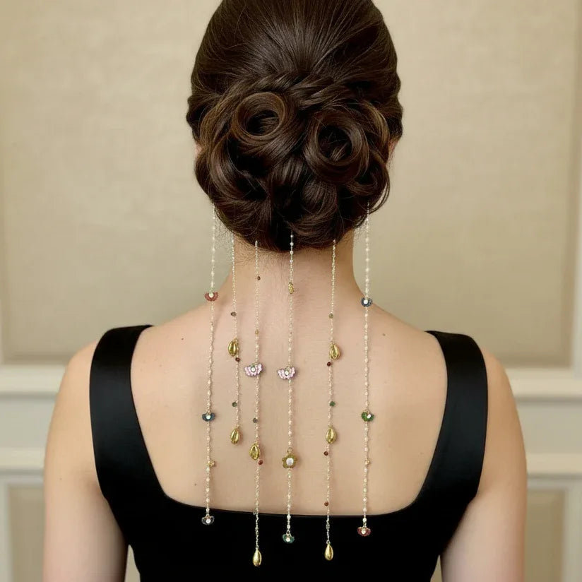 Lotus & Shell Pearl Bridal Hair Chain | Cascading Bun Accessory
