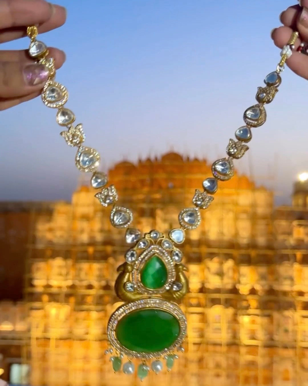 Green Kundan Necklace & Earrings Set with Bird Motif