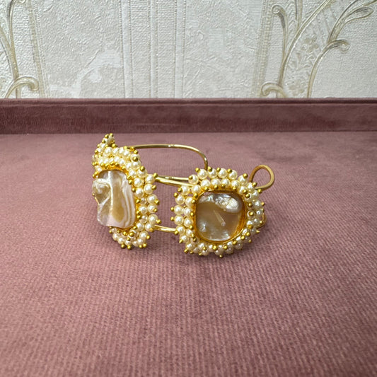 Gold-Plated Kada Bracelet with Pearls & Natural Stone – Luxe Statement Jewelry