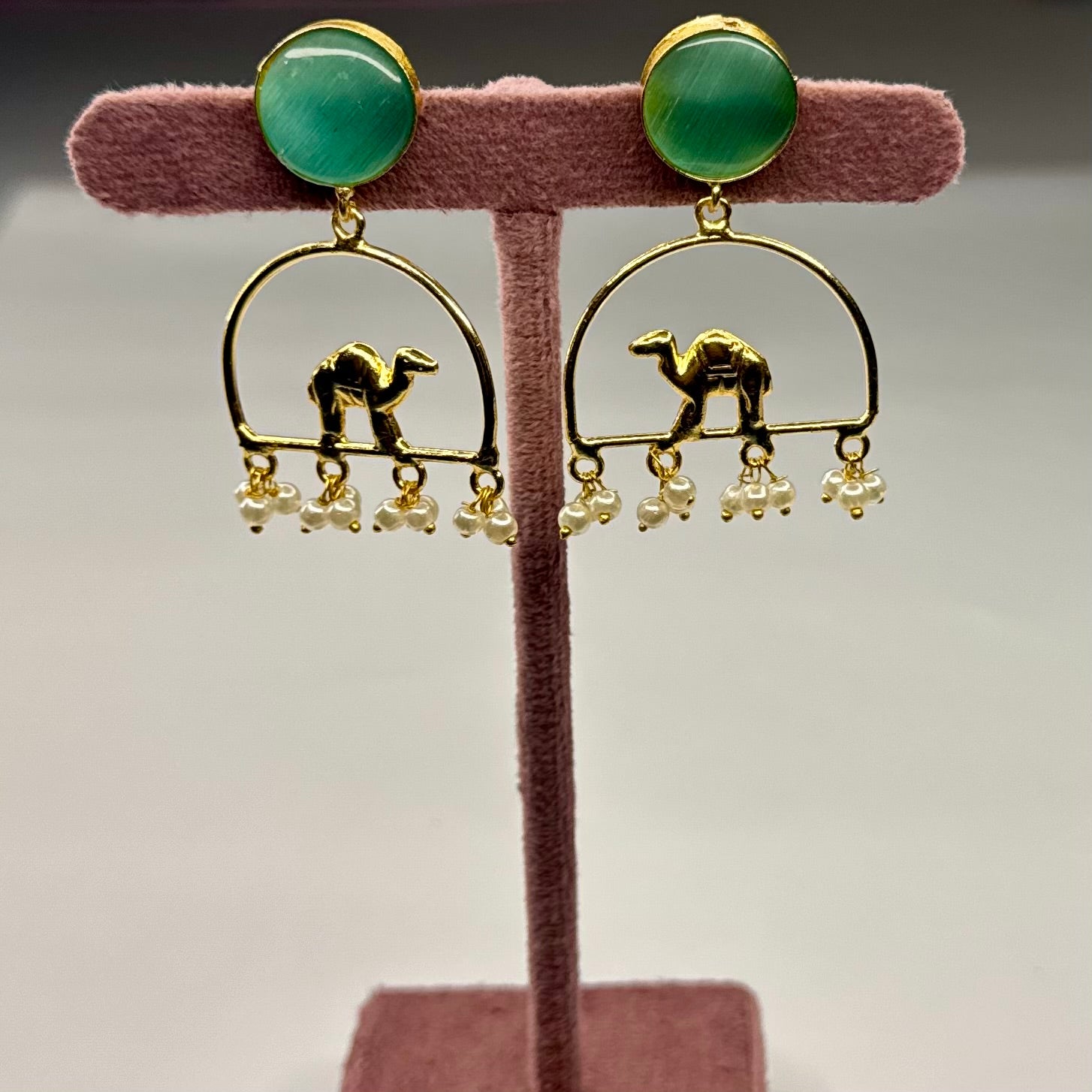 Green Stone Camel Drop Earrings with Pearl Danglers
