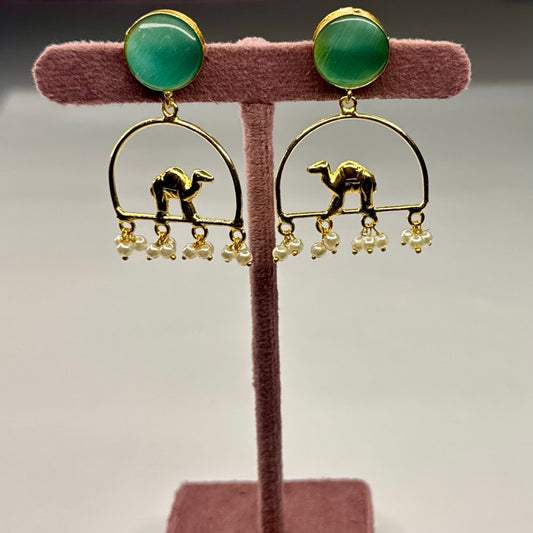 Green Stone Camel Drop Earrings with Pearl Danglers