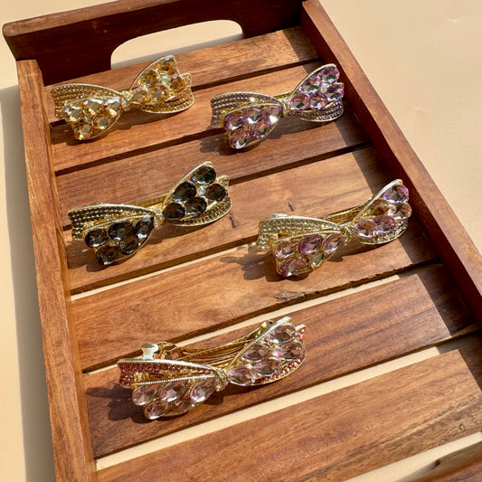 Crystal Bejeweled Bow Barrette Clips