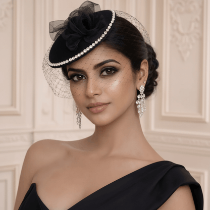 Black Crystal-Trim Fascinator with Birdcage Veil